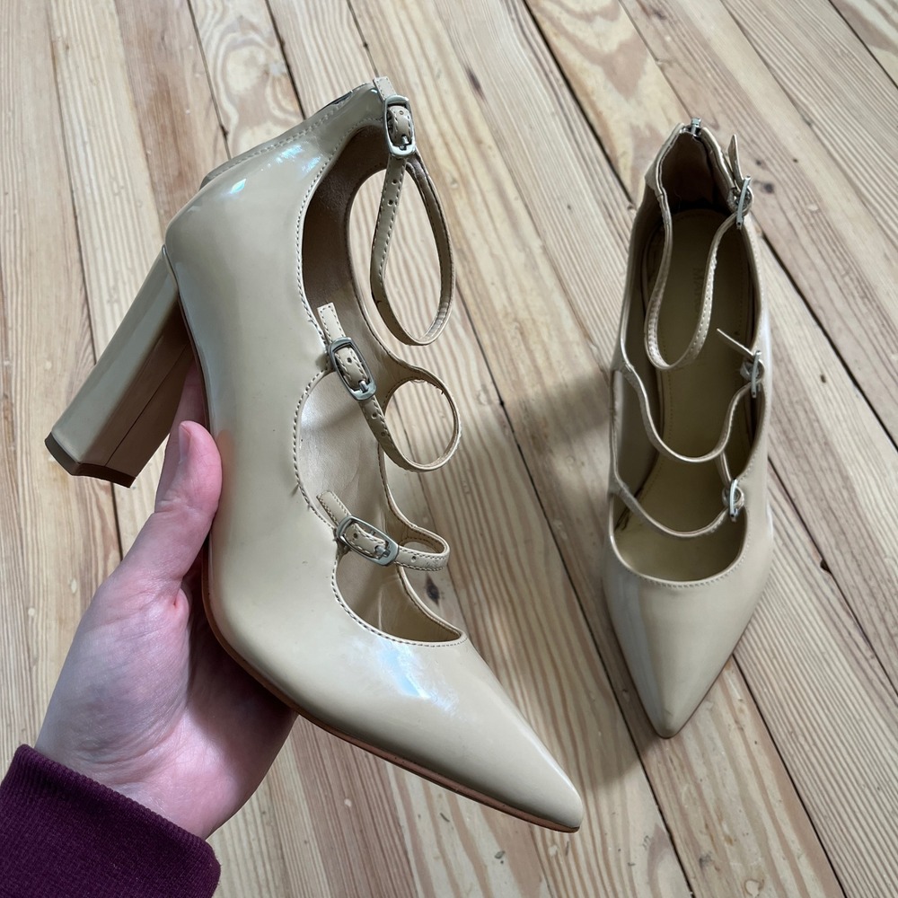 Marc Fisher Beige Patent Multi Strap Pointed Toe Mary Jane Block Heels Nude